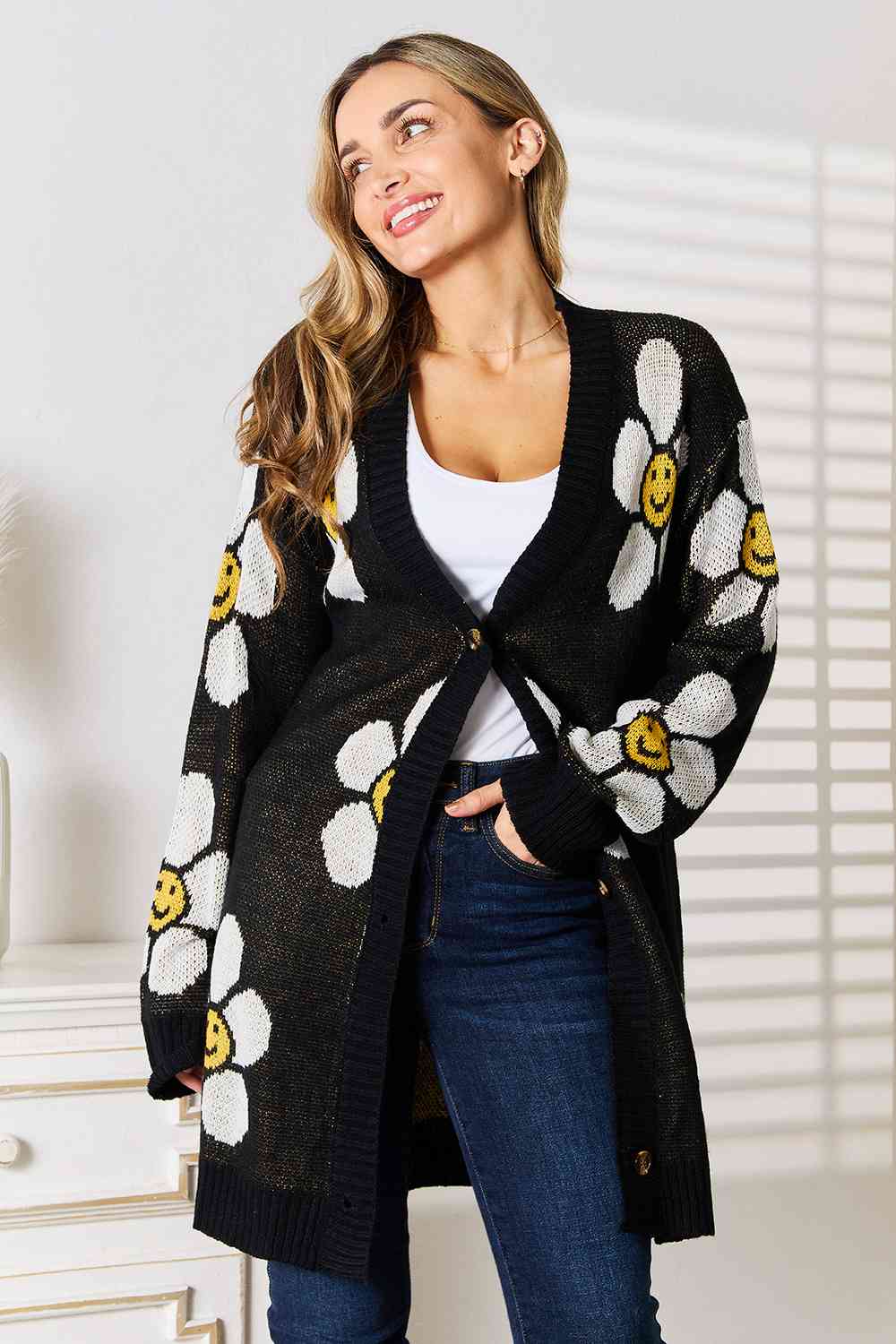 Double Take Floral Button Down Longline Cardigan BLUE ZONE PLANET