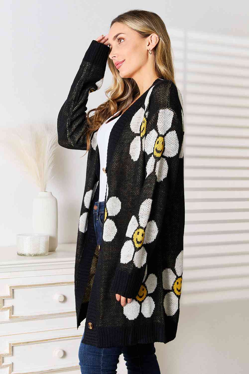 Double Take Floral Button Down Longline Cardigan BLUE ZONE PLANET