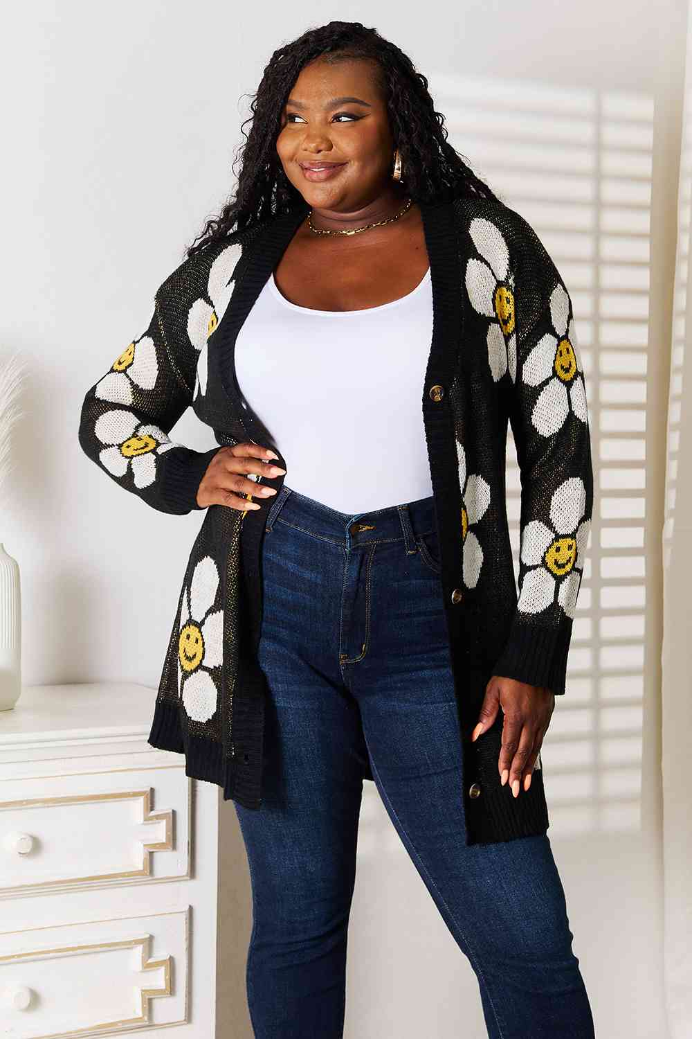 Double Take Floral Button Down Longline Cardigan BLUE ZONE PLANET