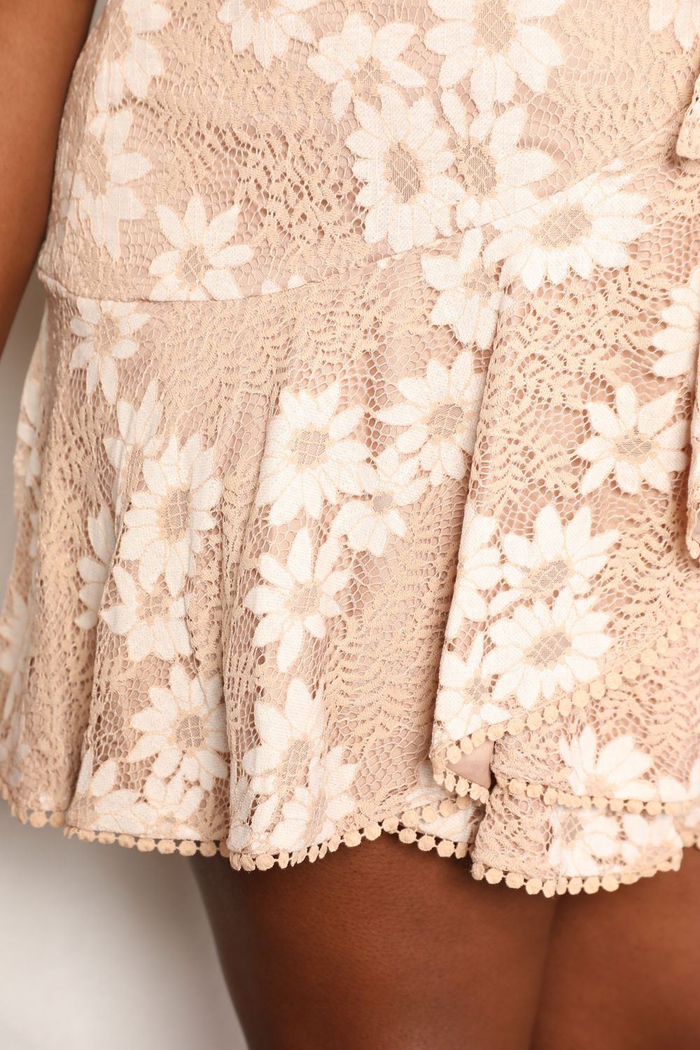 Double Take Floral Lace Pompom Detail Tie-Waist Flutter Sleeve Dress BLUE ZONE PLANET
