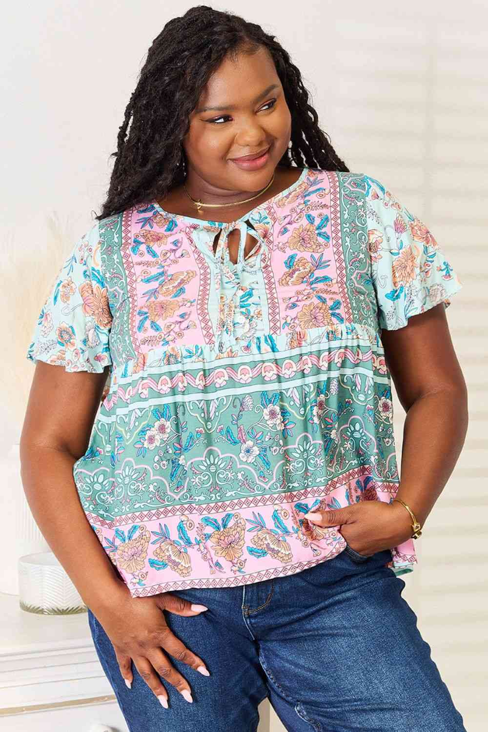 Double Take Floral Tie Neck Short Sleeve Blouse BLUE ZONE PLANET