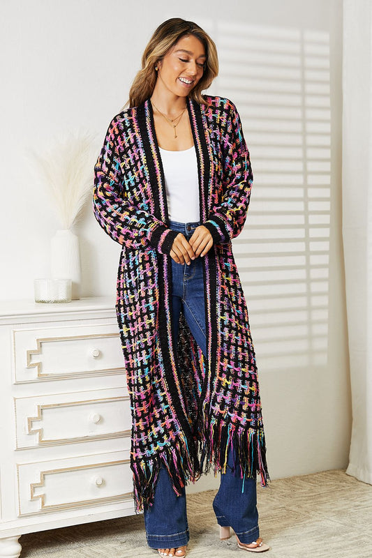 Double Take Full Size Multicolored Open Front Fringe Hem Cardigan BLUE ZONE PLANET