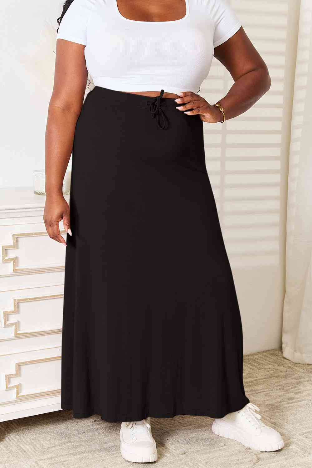 Double Take Full Size Soft Rayon Drawstring Waist Maxi Skirt Rayon BLUE ZONE PLANET