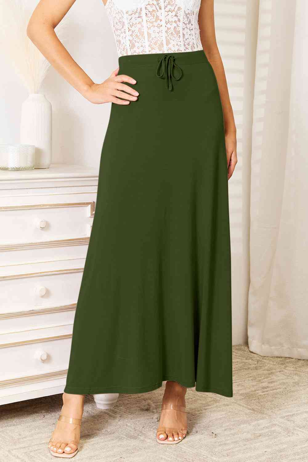 Double Take Full Size Soft Rayon Drawstring Waist Maxi Skirt Rayon BLUE ZONE PLANET