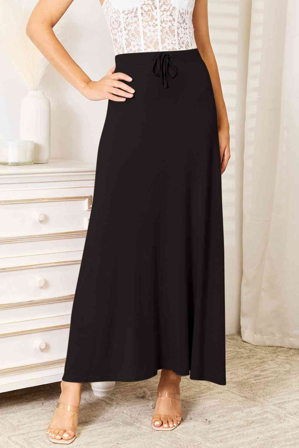 Double Take Full Size Soft Rayon Drawstring Waist Maxi Skirt Rayon BLUE ZONE PLANET