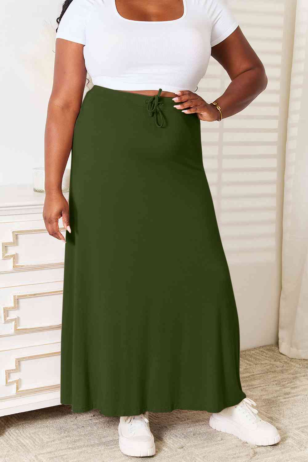 Double Take Full Size Soft Rayon Drawstring Waist Maxi Skirt Rayon BLUE ZONE PLANET