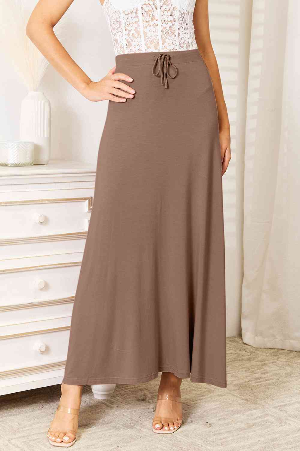 Double Take Full Size Soft Rayon Drawstring Waist Maxi Skirt Rayon BLUE ZONE PLANET