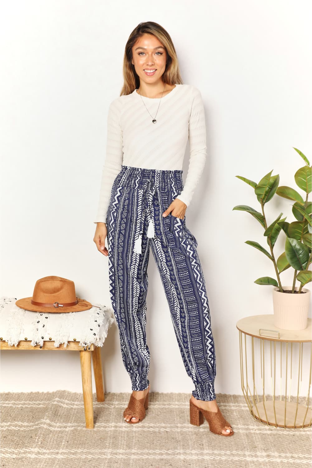 Double Take Geometric Print Tassel High-Rise Pants BLUE ZONE PLANET