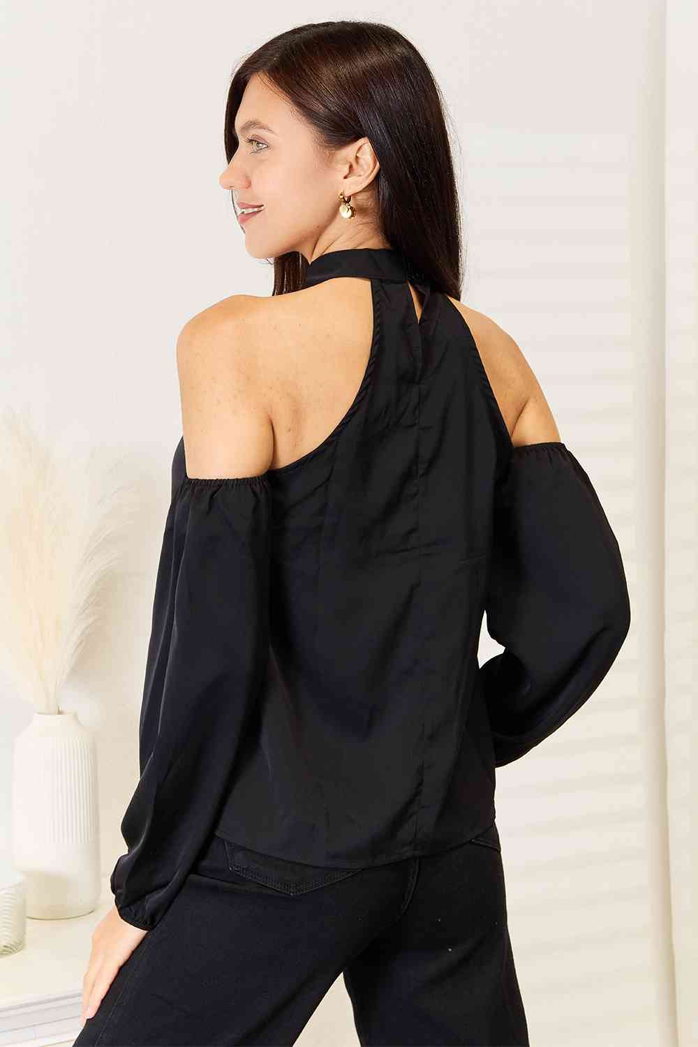 Double Take Grecian Cold Shoulder Long Sleeve Blouse BLUE ZONE PLANET