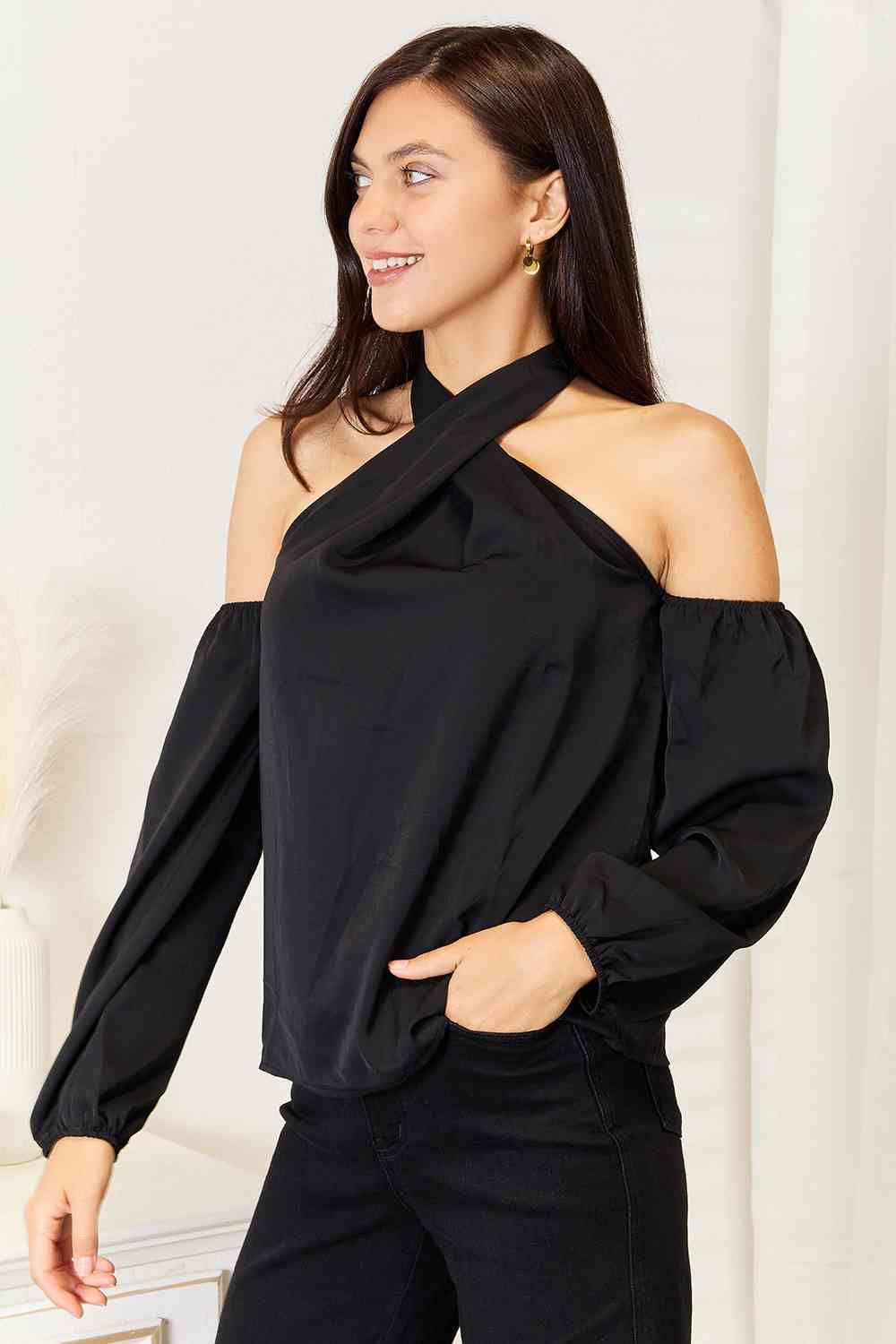 Double Take Grecian Cold Shoulder Long Sleeve Blouse BLUE ZONE PLANET