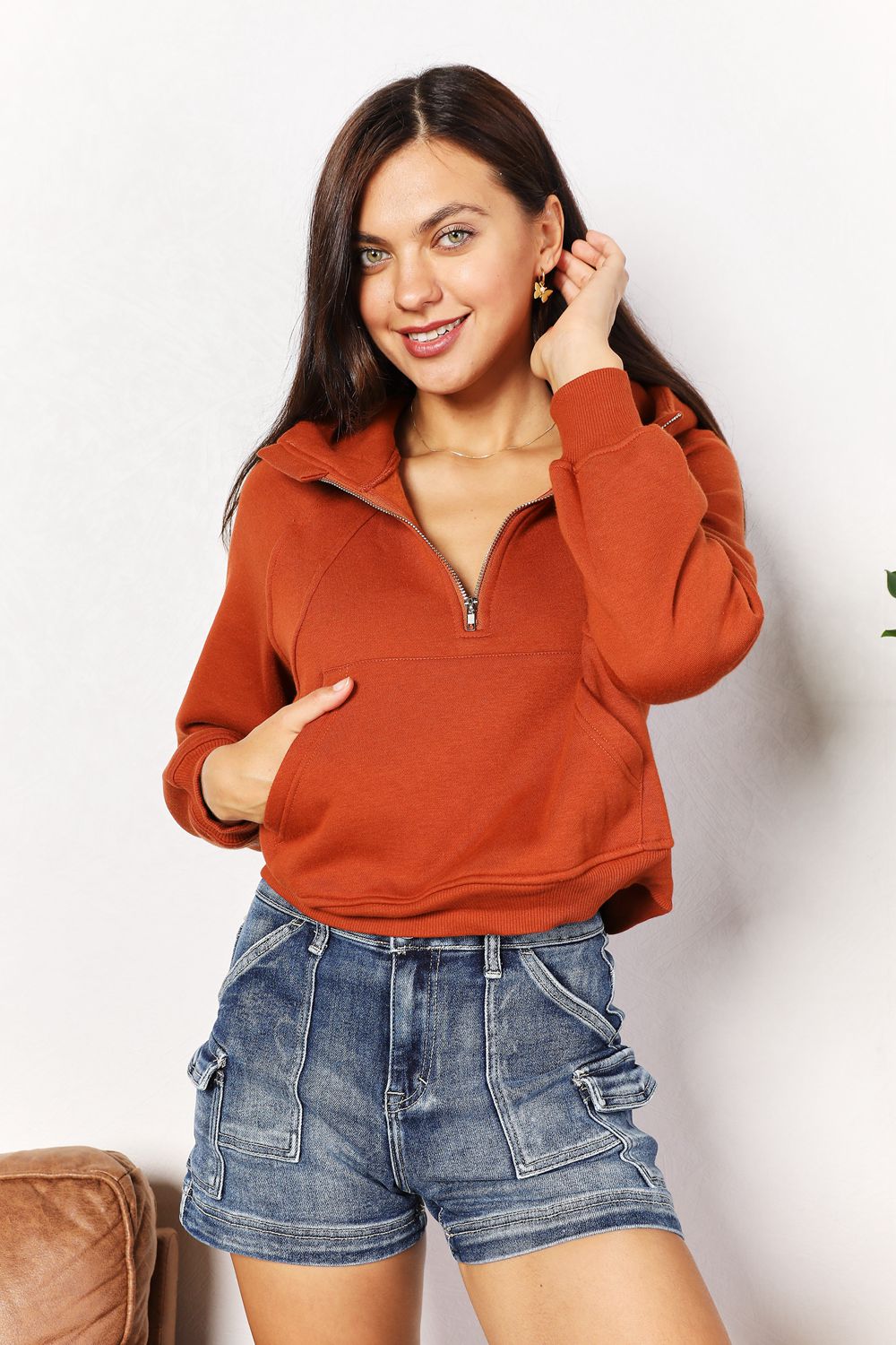 Double Take Half-Zip Long Sleeve Hoodie BLUE ZONE PLANET