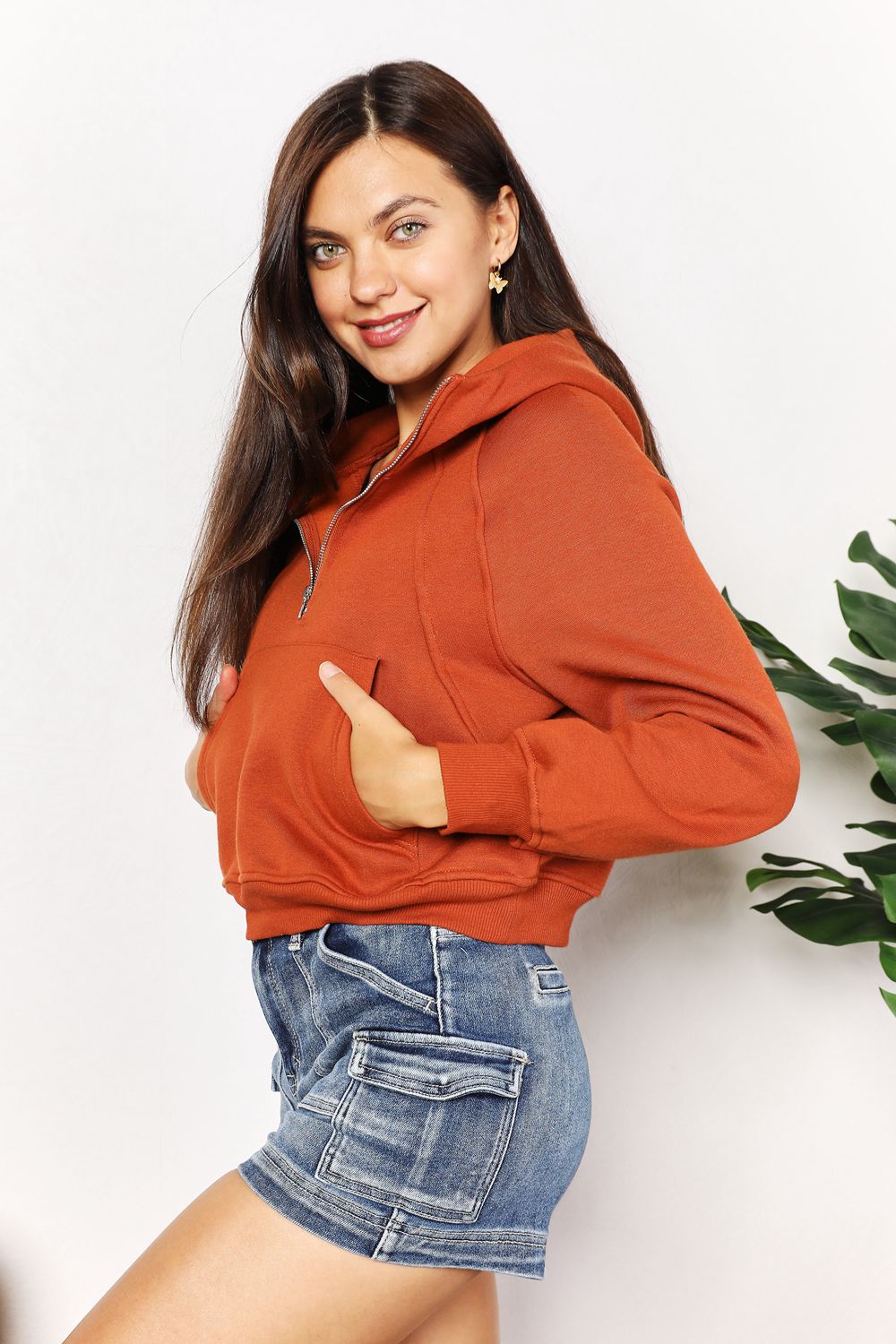 Double Take Half-Zip Long Sleeve Hoodie BLUE ZONE PLANET