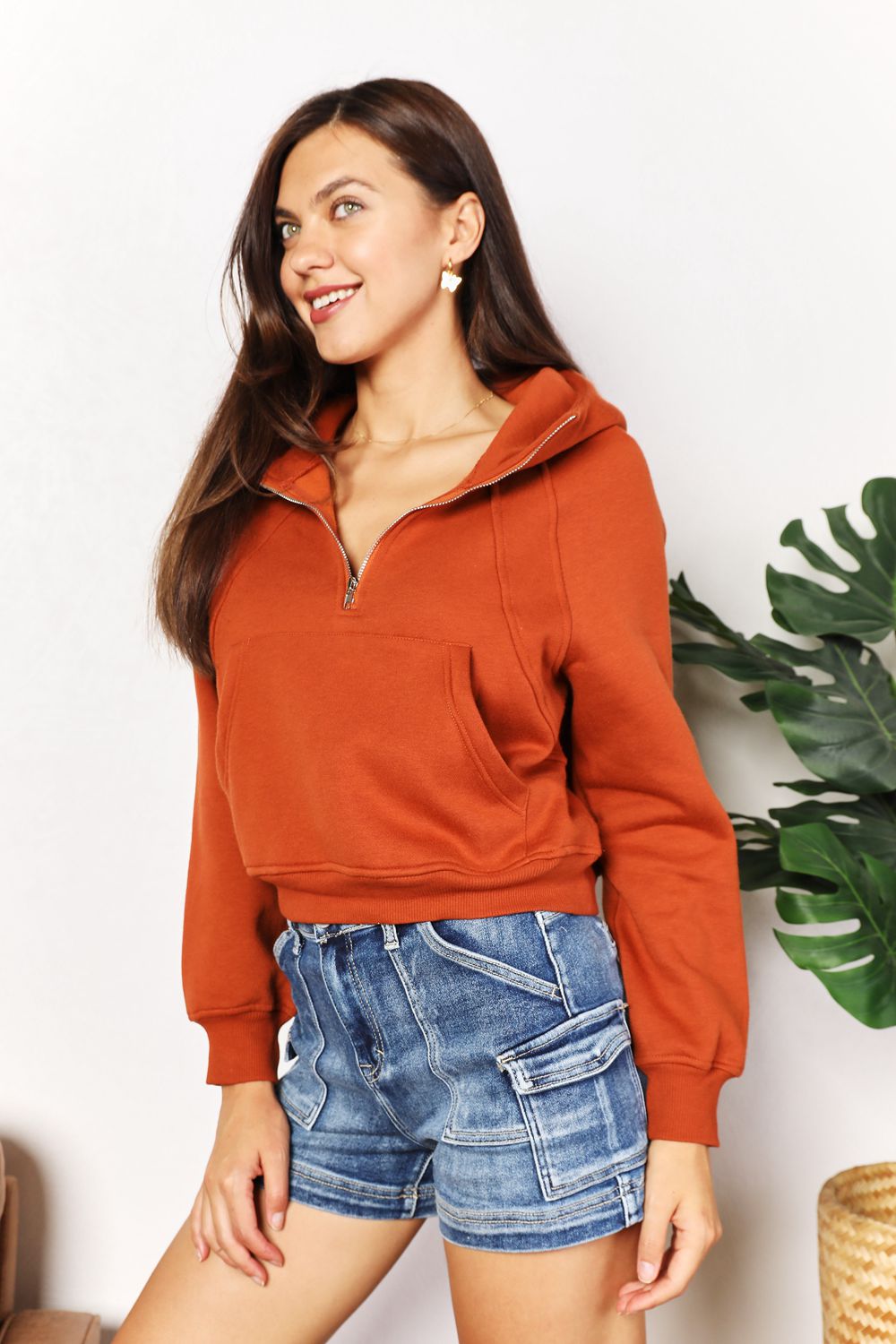 Double Take Half-Zip Long Sleeve Hoodie BLUE ZONE PLANET