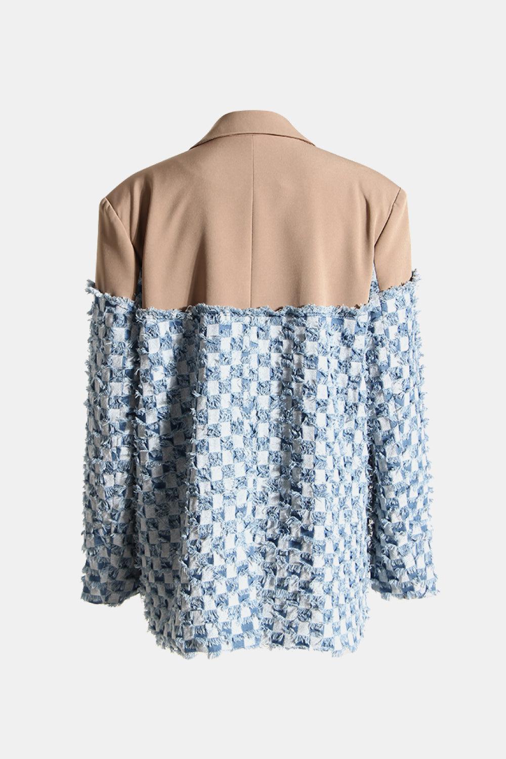 Double Take Lapel Collar Fringe Detail Long Sleeve Denim Jacket BLUE ZONE PLANET