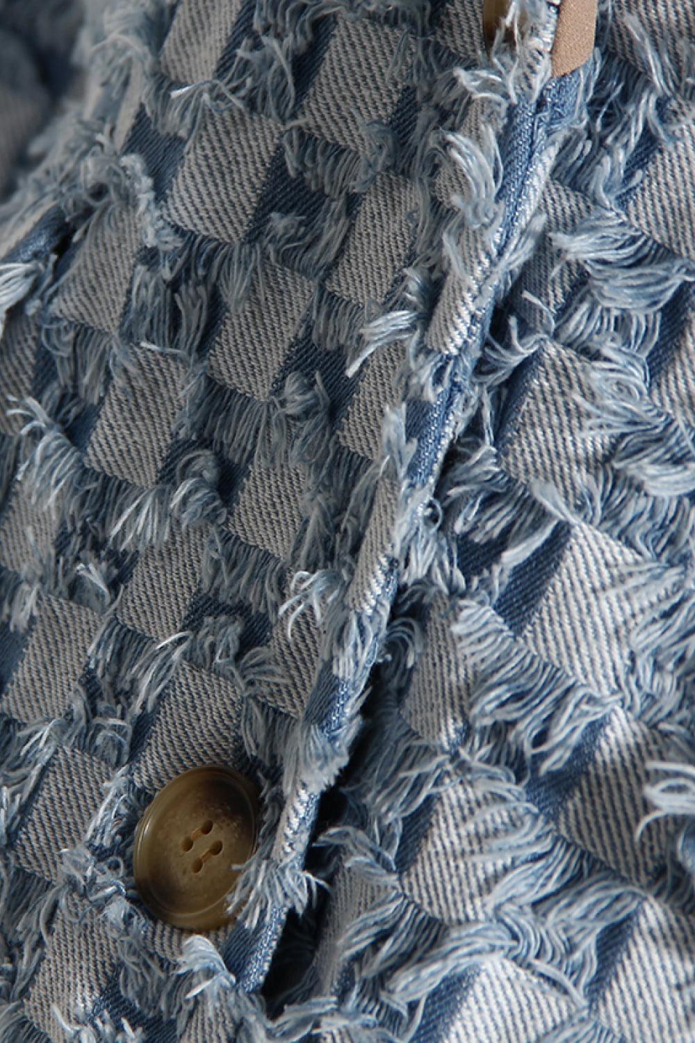 Double Take Lapel Collar Fringe Detail Long Sleeve Denim Jacket BLUE ZONE PLANET