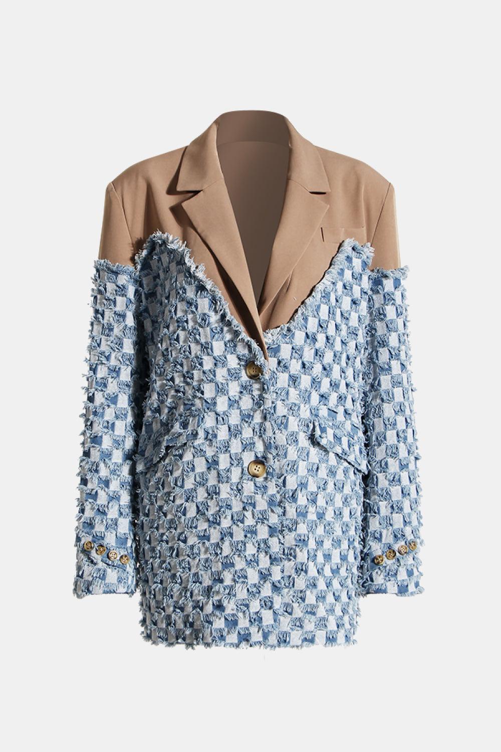 Double Take Lapel Collar Fringe Detail Long Sleeve Denim Jacket BLUE ZONE PLANET