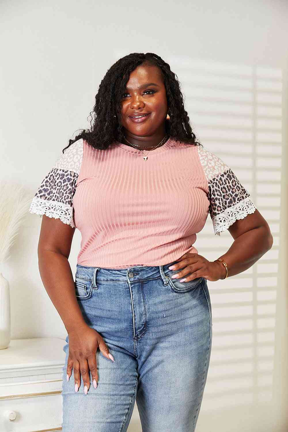 Double Take Leopard Lace Trim Ribbed Round Neck Top BLUE ZONE PLANET