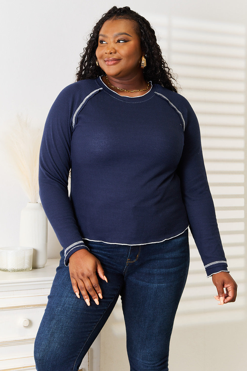 Double Take Long Raglan Sleeve Round Neck Top BLUE ZONE PLANET