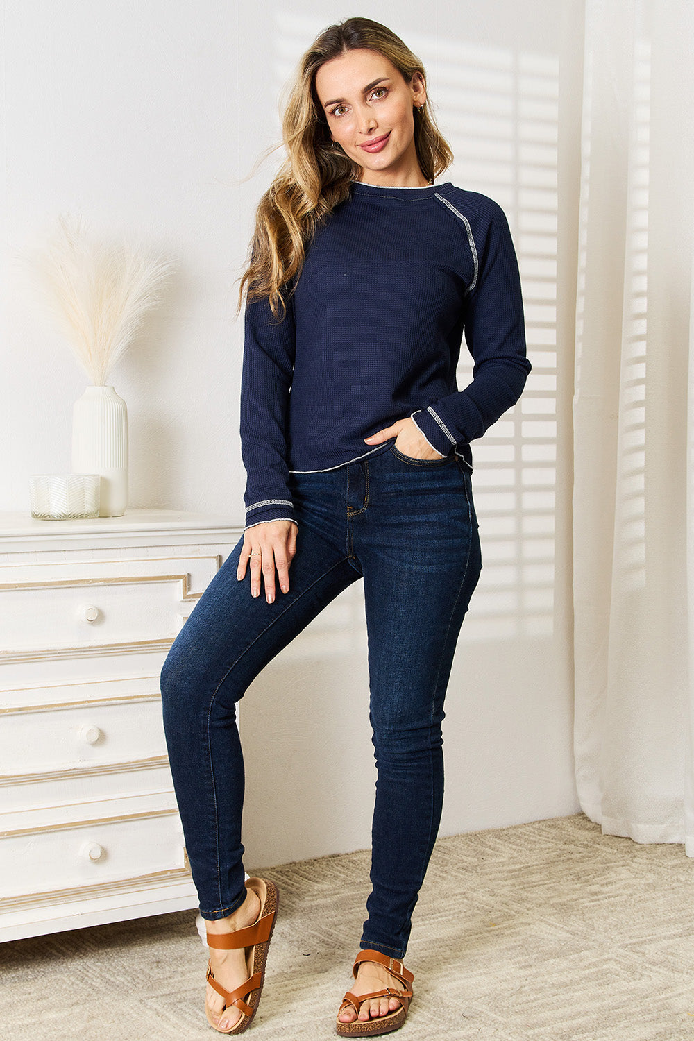 Double Take Long Raglan Sleeve Round Neck Top BLUE ZONE PLANET