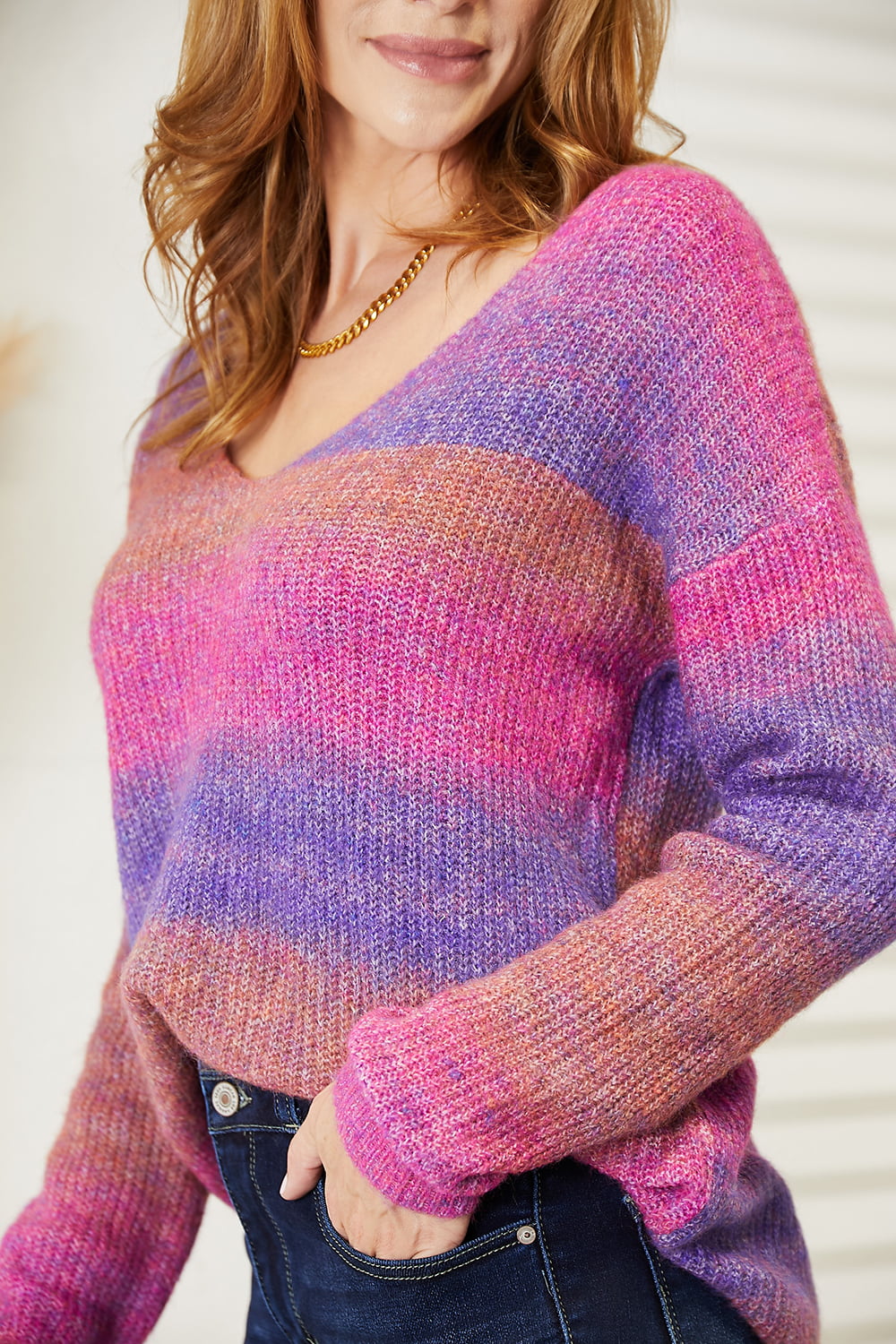 Double Take Multicolored Rib-Knit V-Neck Knit Pullover BLUE ZONE PLANET
