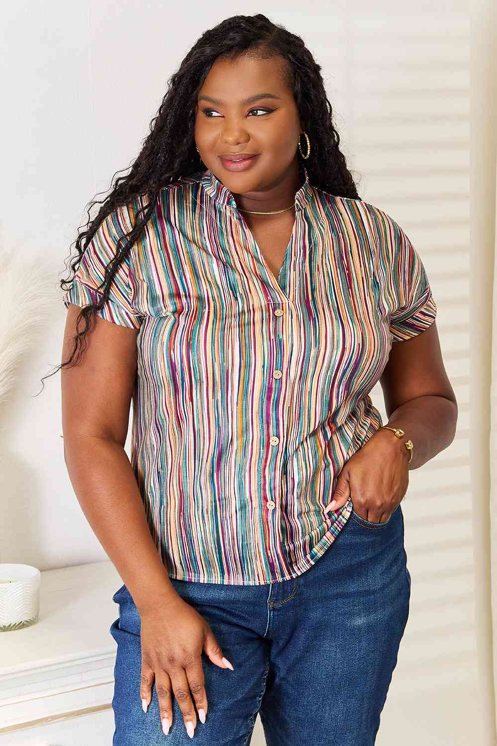 Double Take Multicolored Stripe Notched Neck Top BLUE ZONE PLANET