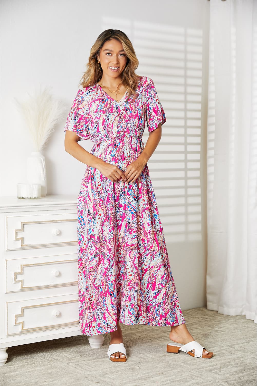 Double Take Multicolored V-Neck Maxi Dress BLUE ZONE PLANET