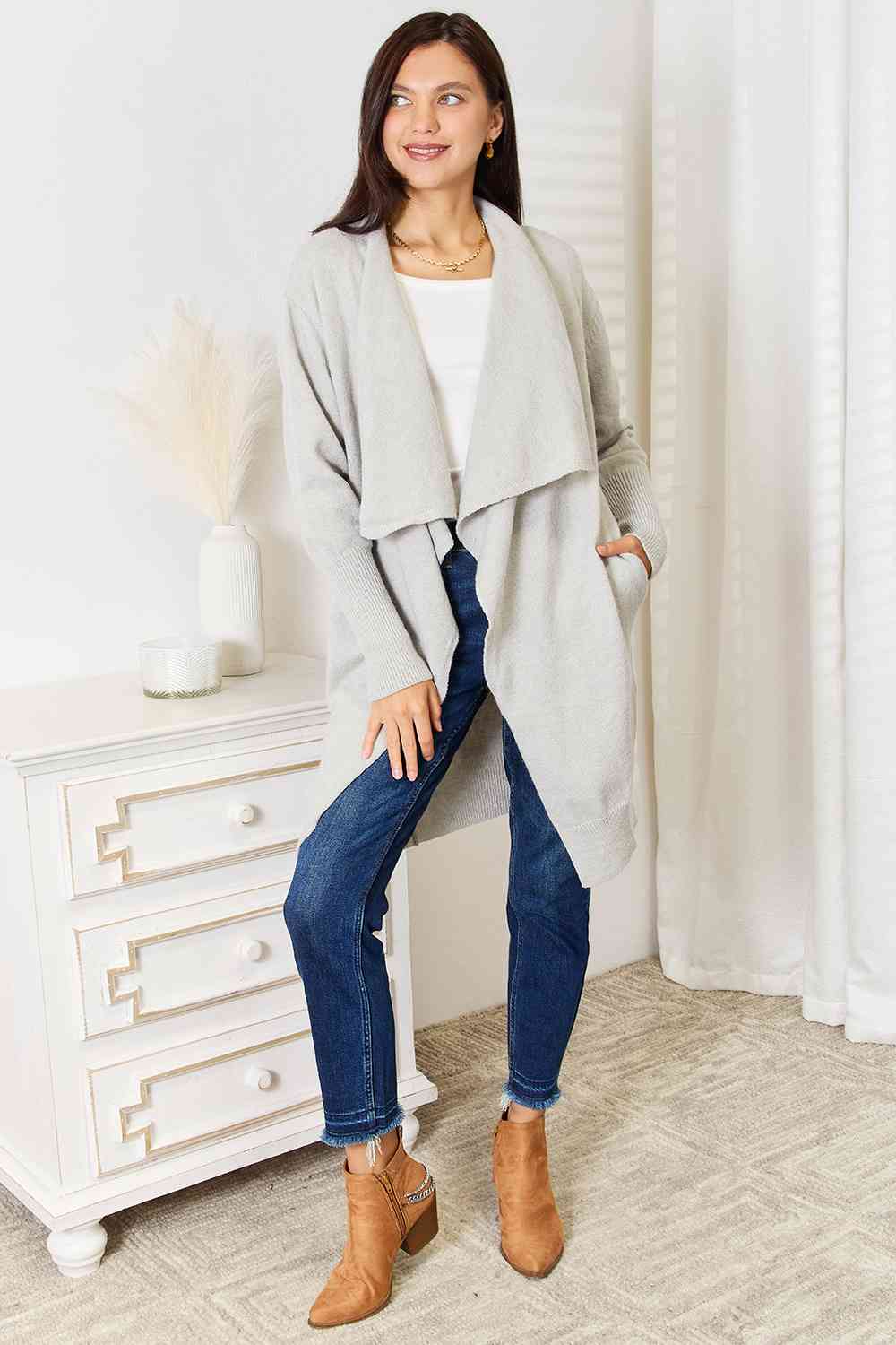 Double Take Open Front Duster Cardigan with Pockets BLUE ZONE PLANET