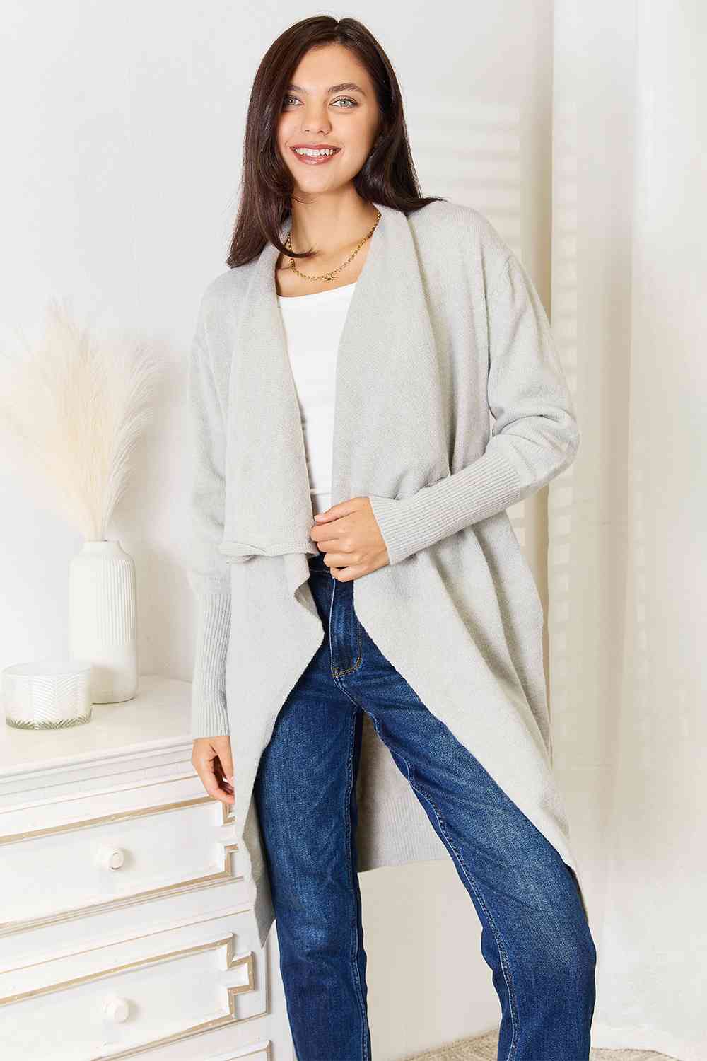 Double Take Open Front Duster Cardigan with Pockets BLUE ZONE PLANET