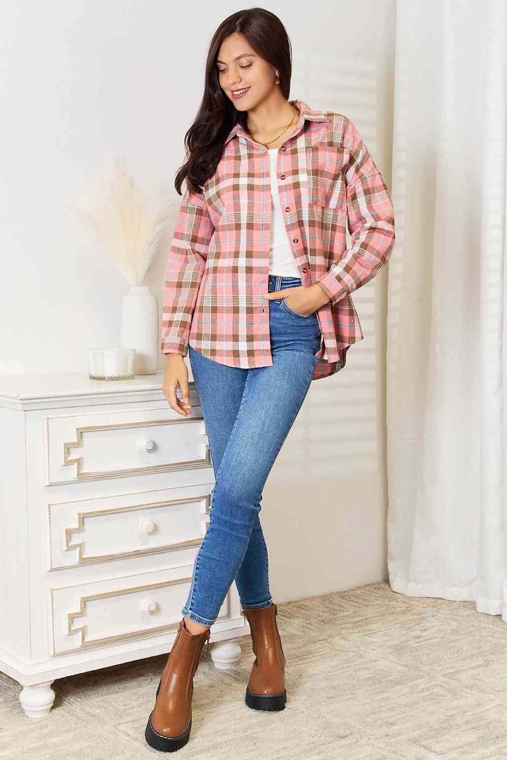 Double Take Plaid Collared Neck Long Sleeve Button-Up Shirt BLUE ZONE PLANET