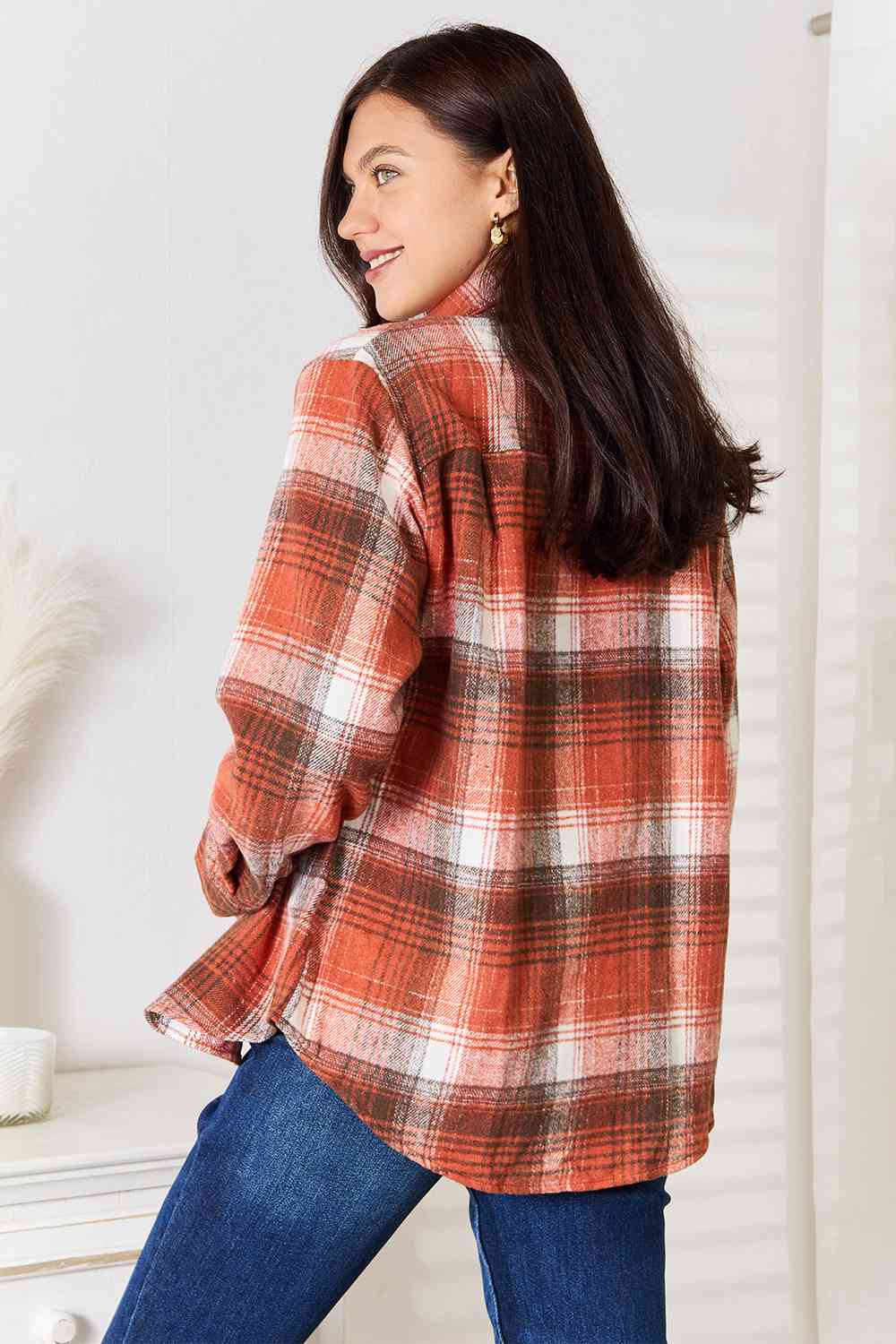 Double Take Plaid Collared Neck Long Sleeve Shirt BLUE ZONE PLANET