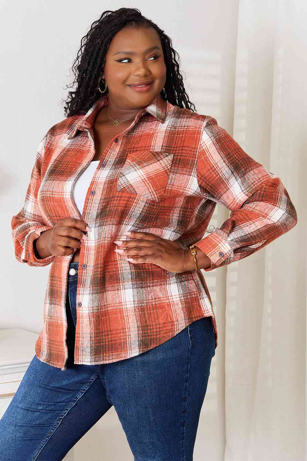 Double Take Plaid Collared Neck Long Sleeve Shirt BLUE ZONE PLANET
