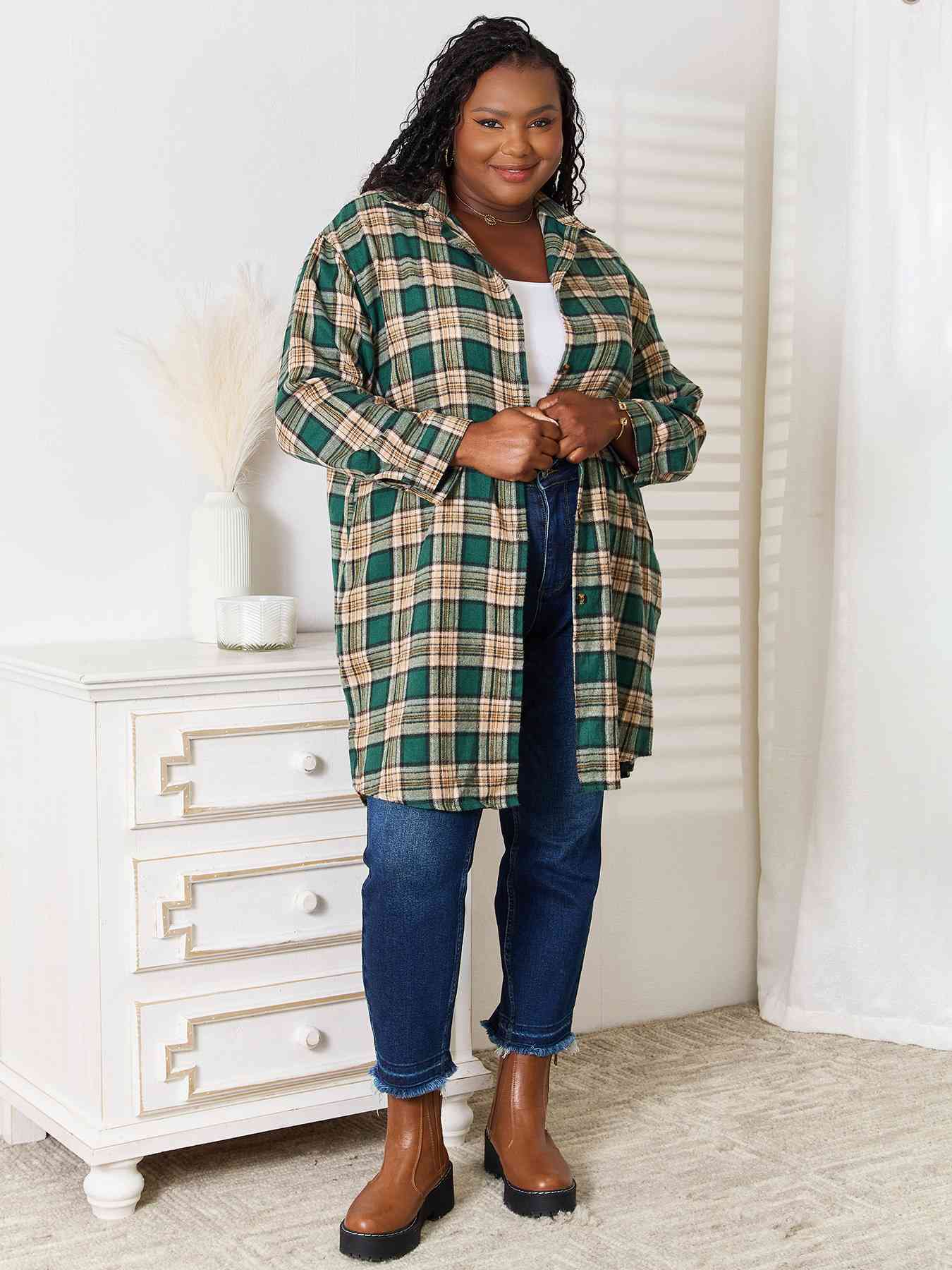 Double Take Plaid Collared Neck Long Sleeve Shirt BLUE ZONE PLANET
