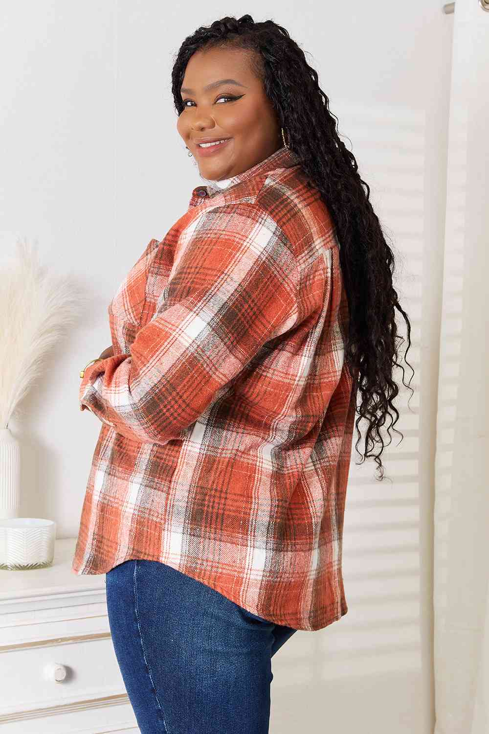 Double Take Plaid Collared Neck Long Sleeve Shirt BLUE ZONE PLANET