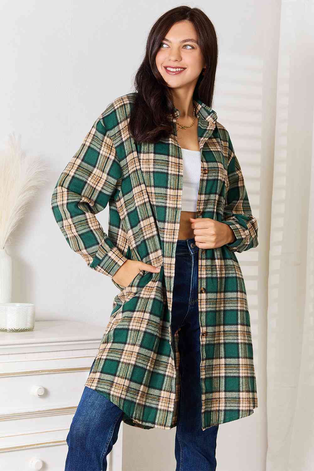 Double Take Plaid Collared Neck Long Sleeve Shirt BLUE ZONE PLANET