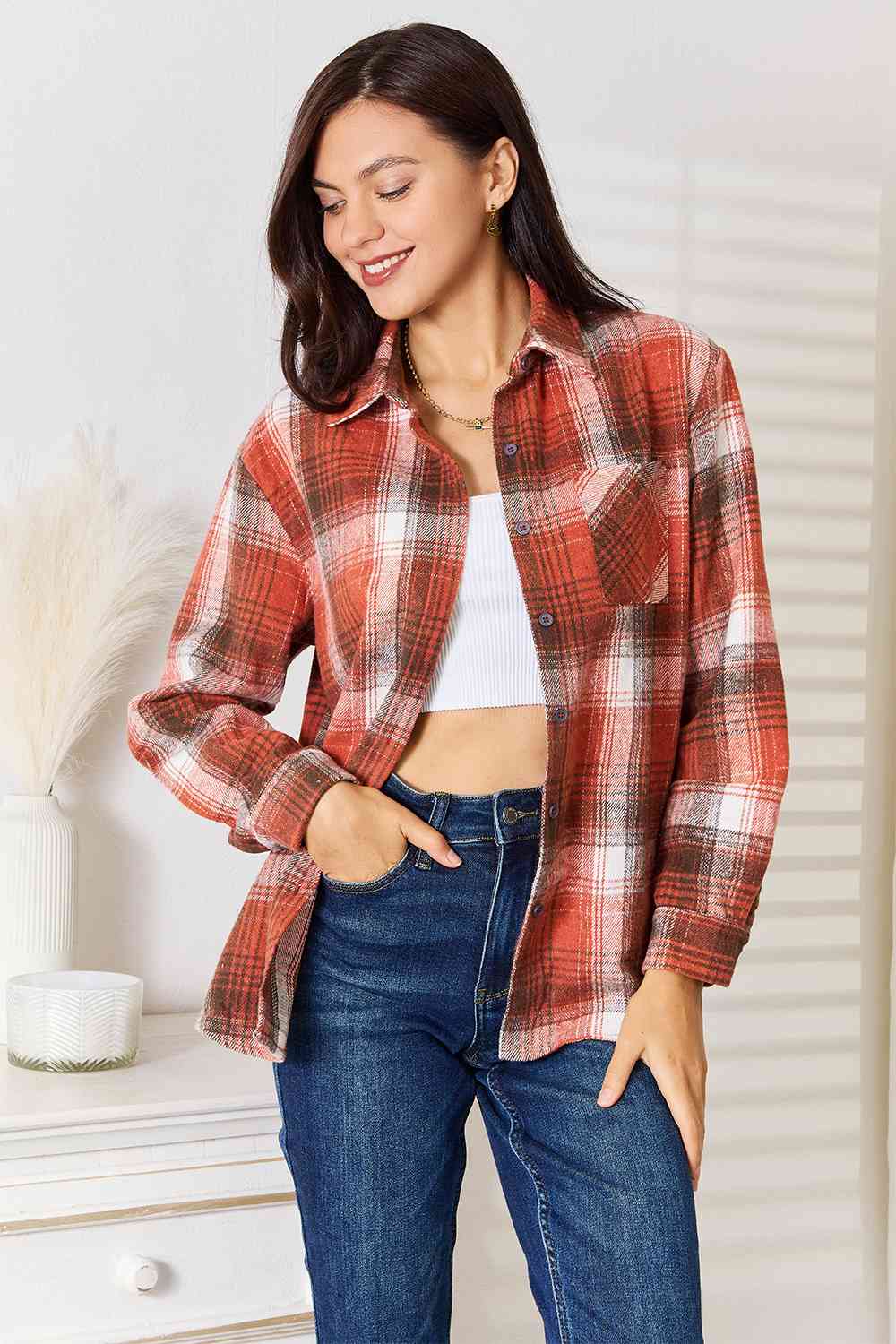 Double Take Plaid Collared Neck Long Sleeve Shirt BLUE ZONE PLANET