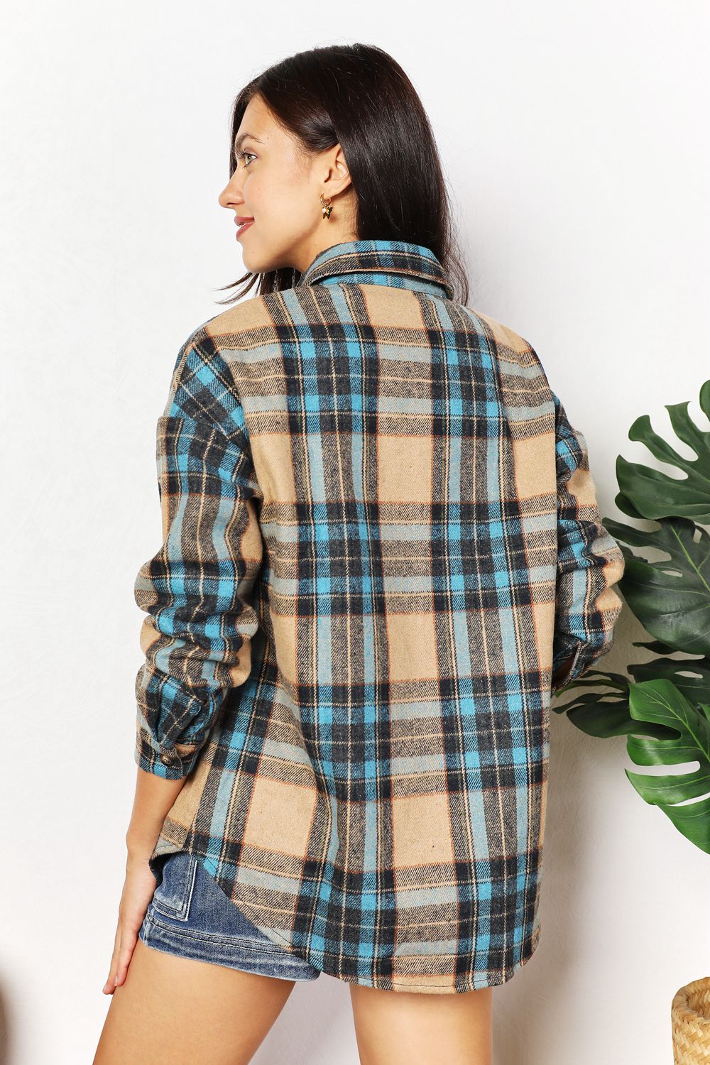 Double Take Plaid Curved Hem Shirt Jacket with Breast Pockets BLUE ZONE PLANET