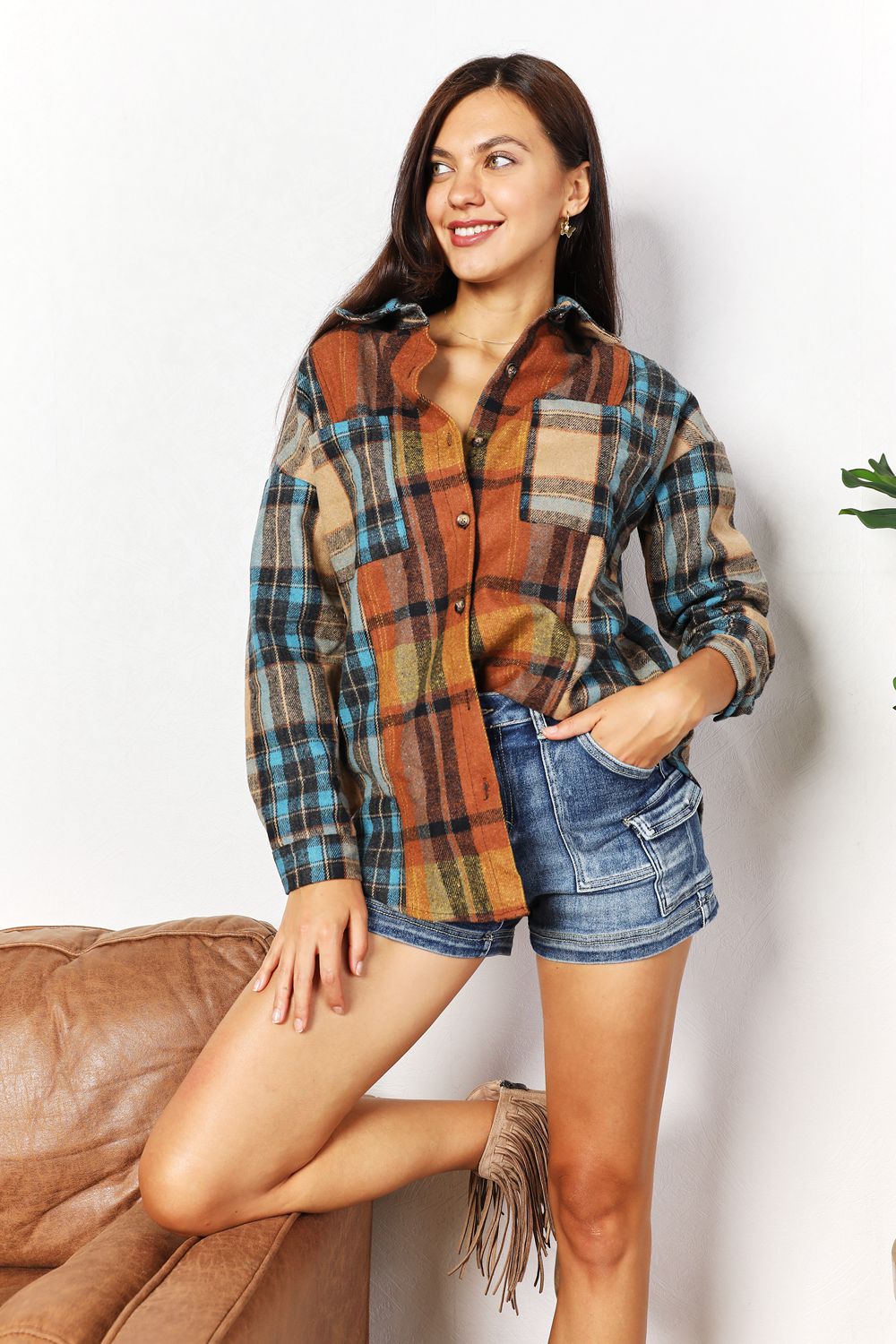 Double Take Plaid Curved Hem Shirt Jacket with Breast Pockets BLUE ZONE PLANET