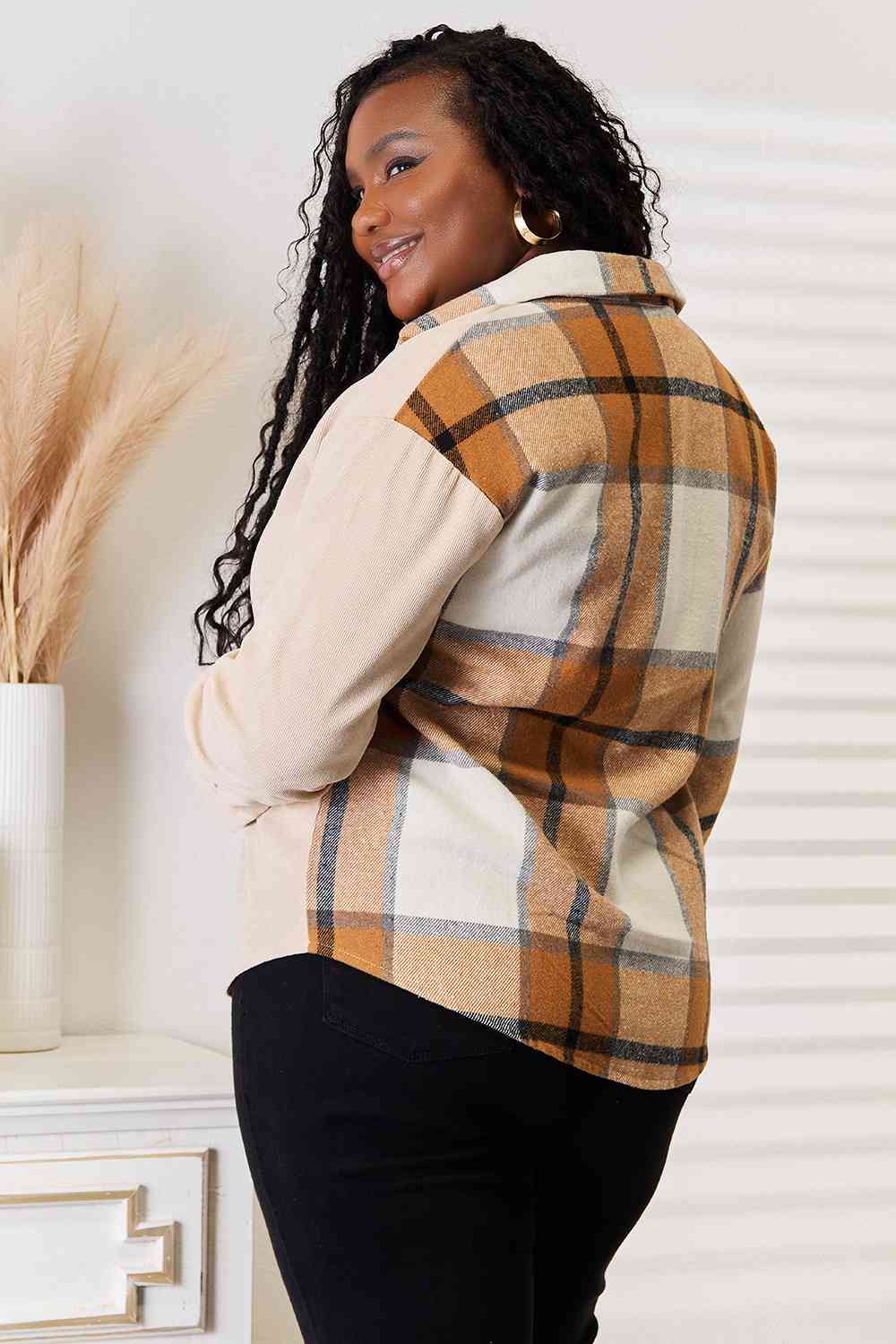 Double Take Plaid Print Dropped Shoulder Shirt BLUE ZONE PLANET