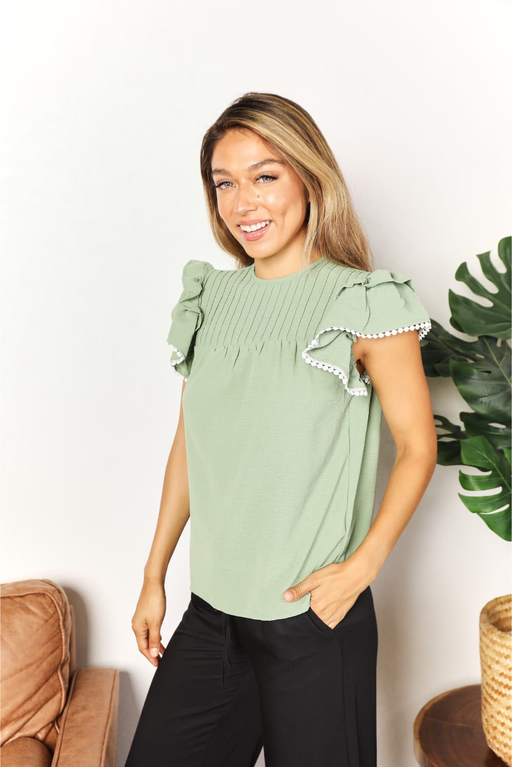 Double Take Pleated Detail Flutter Sleeve Blouse BLUE ZONE PLANET