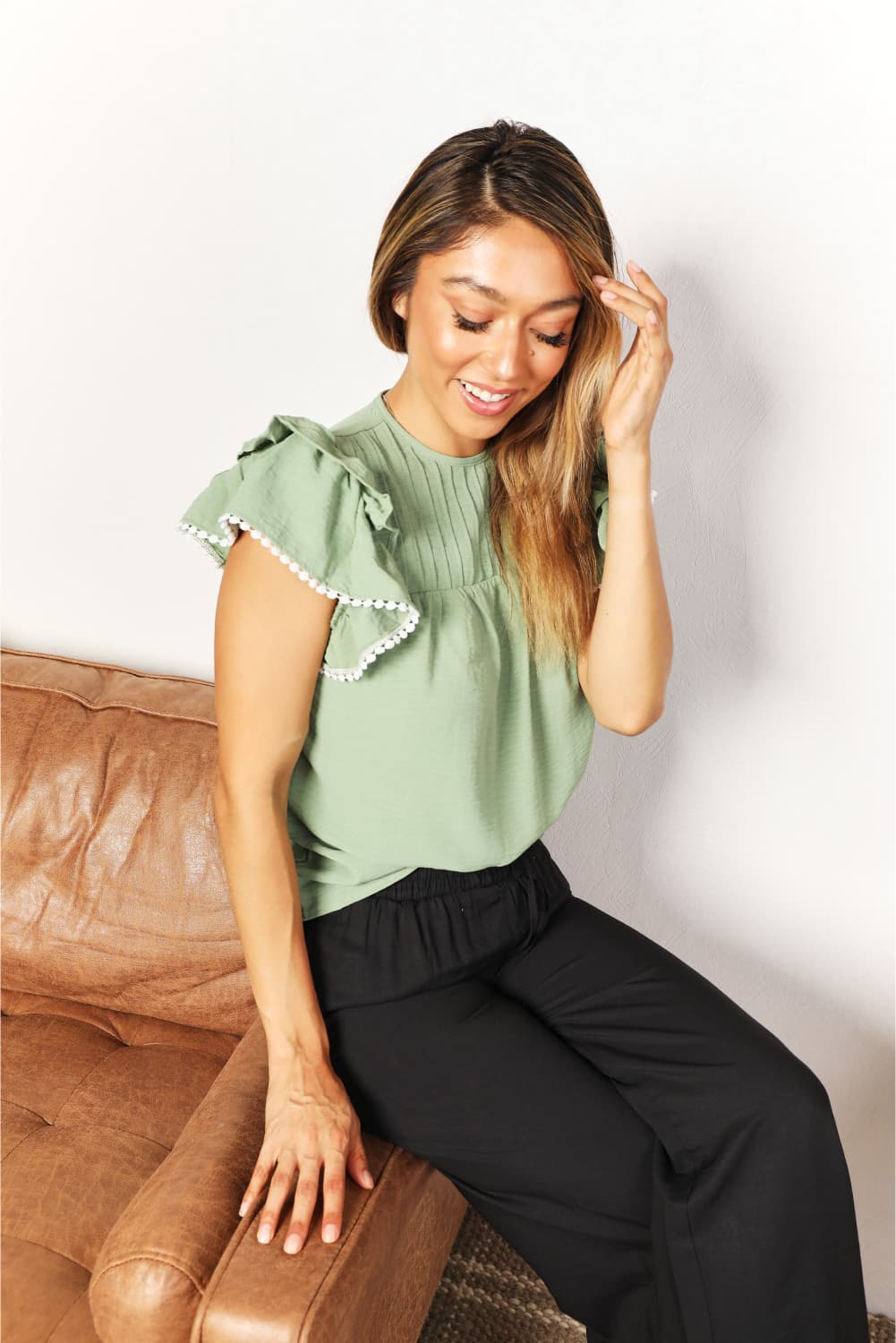 Double Take Pleated Detail Flutter Sleeve Blouse BLUE ZONE PLANET