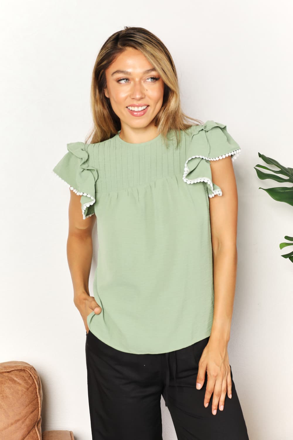 Double Take Pleated Detail Flutter Sleeve Blouse BLUE ZONE PLANET