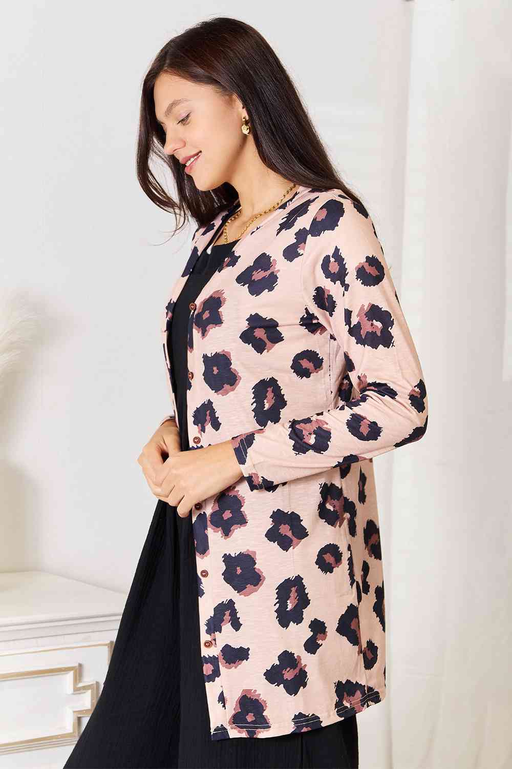 Double Take Printed Button Front Longline Cardigan BLUE ZONE PLANET