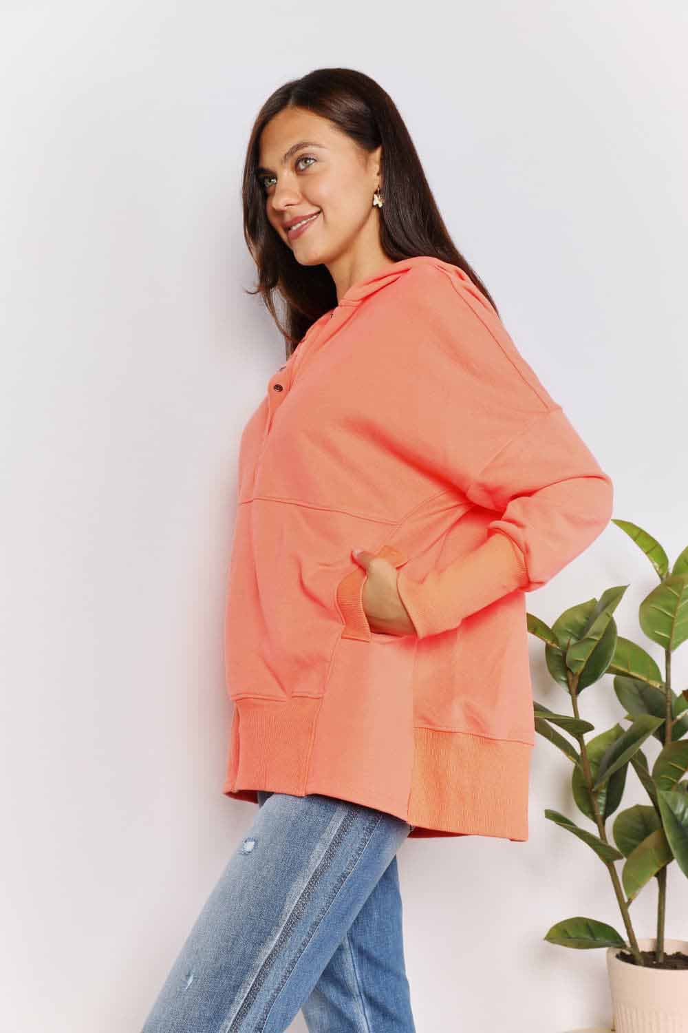 Double Take Quarter-Snap Dropped Shoulder Hoodie BLUE ZONE PLANET