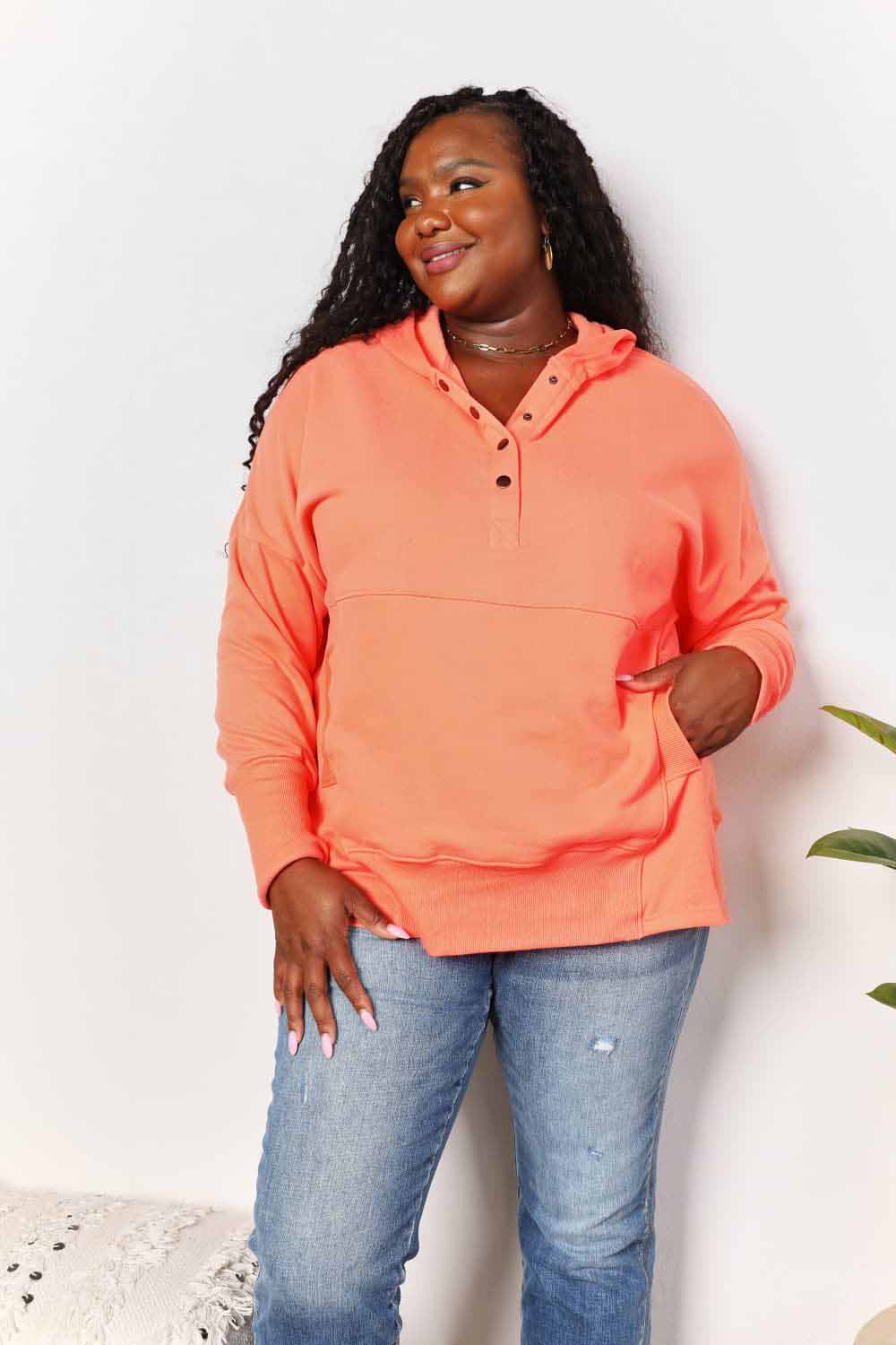 Double Take Quarter-Snap Dropped Shoulder Hoodie BLUE ZONE PLANET