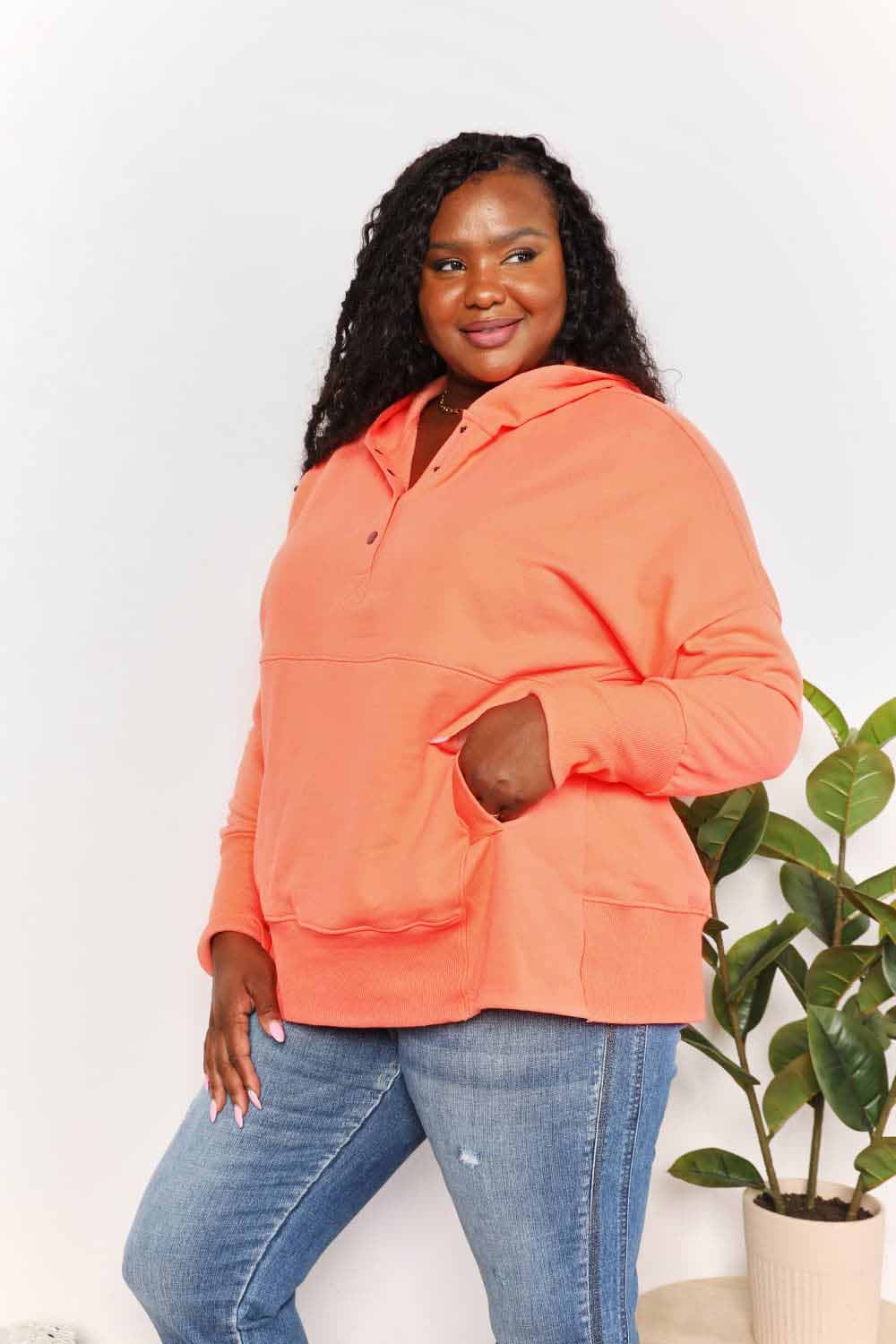 Double Take Quarter-Snap Dropped Shoulder Hoodie BLUE ZONE PLANET