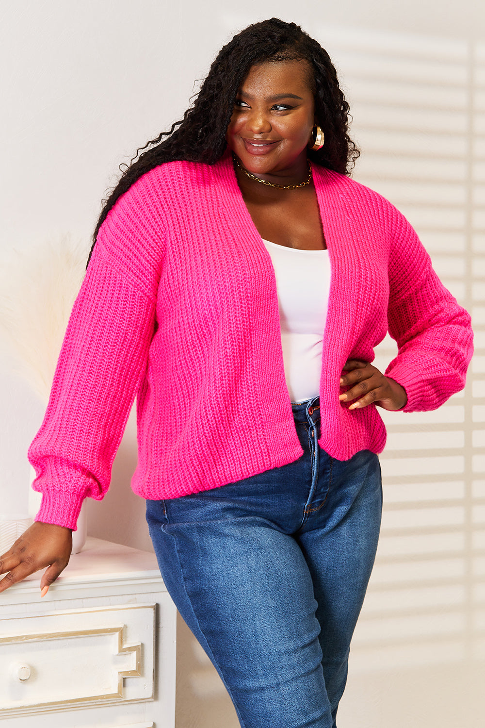 Double Take Rib-Knit Open Front Drop Shoulder Cardigan BLUE ZONE PLANET