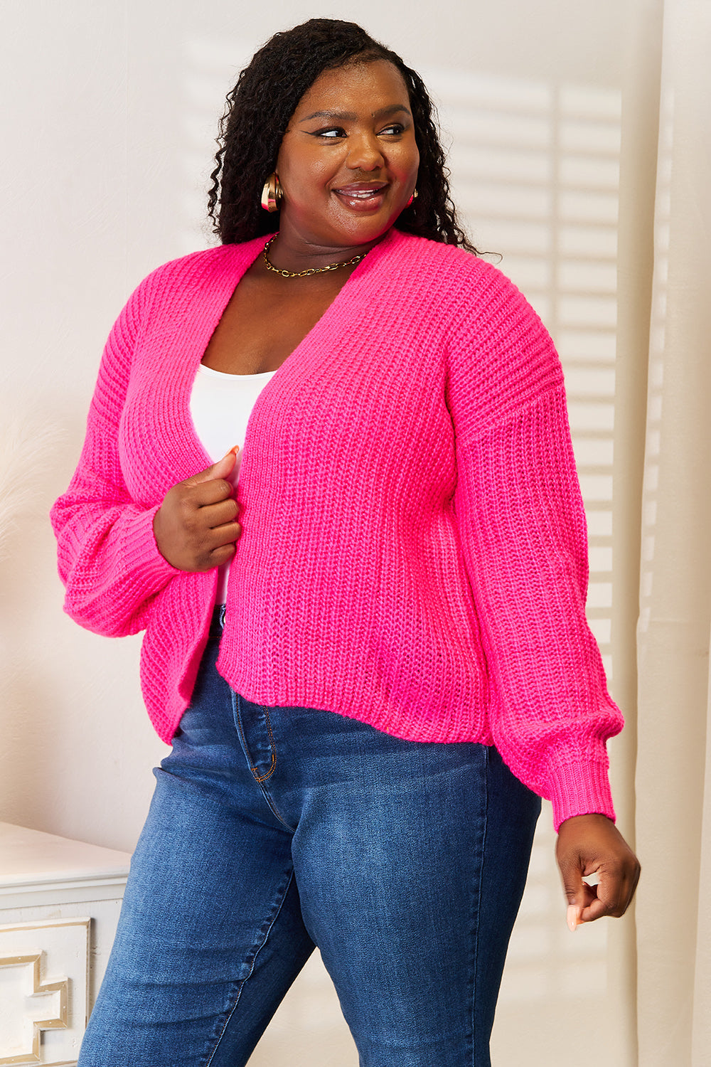 Double Take Rib-Knit Open Front Drop Shoulder Cardigan BLUE ZONE PLANET
