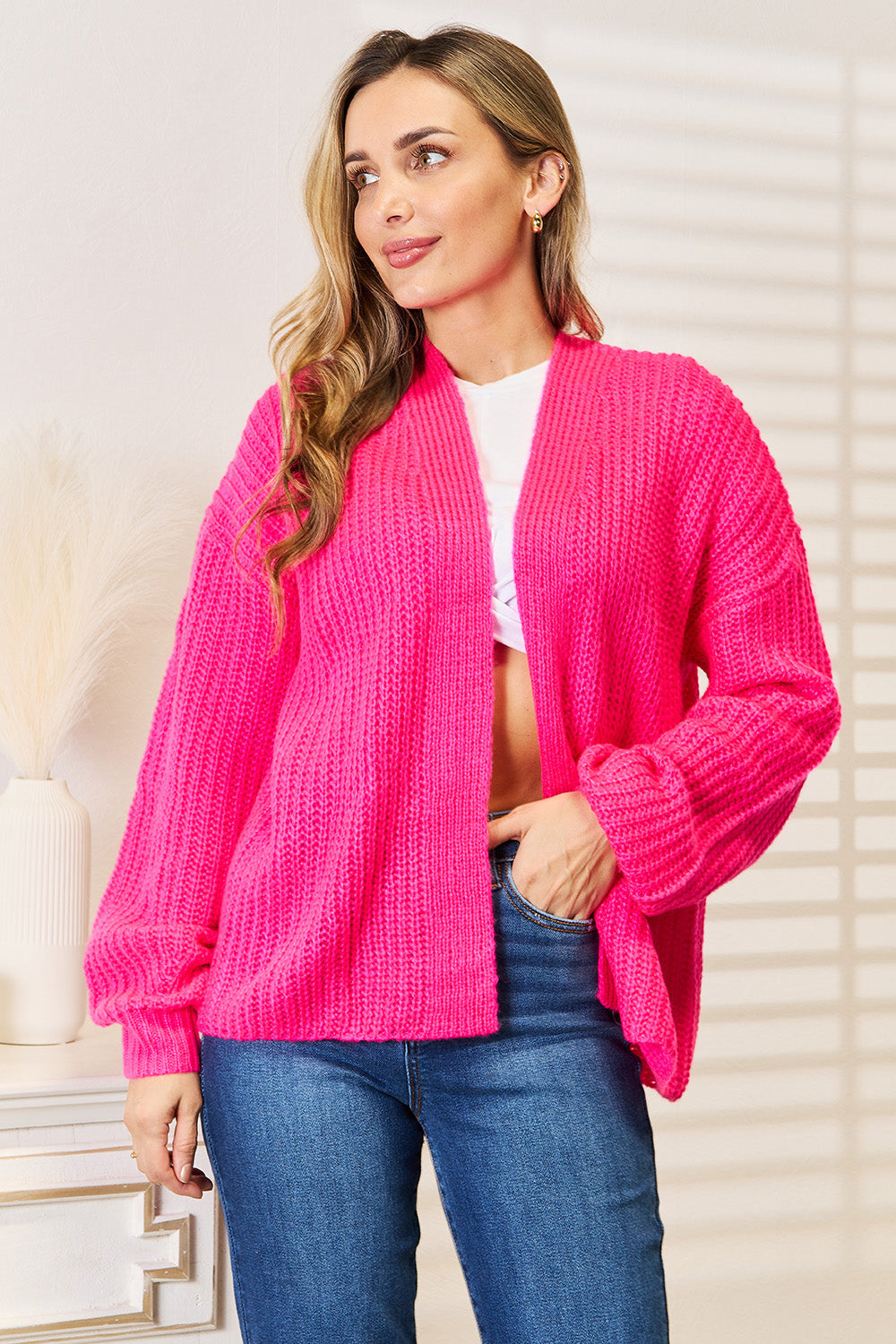 Double Take Rib-Knit Open Front Drop Shoulder Cardigan