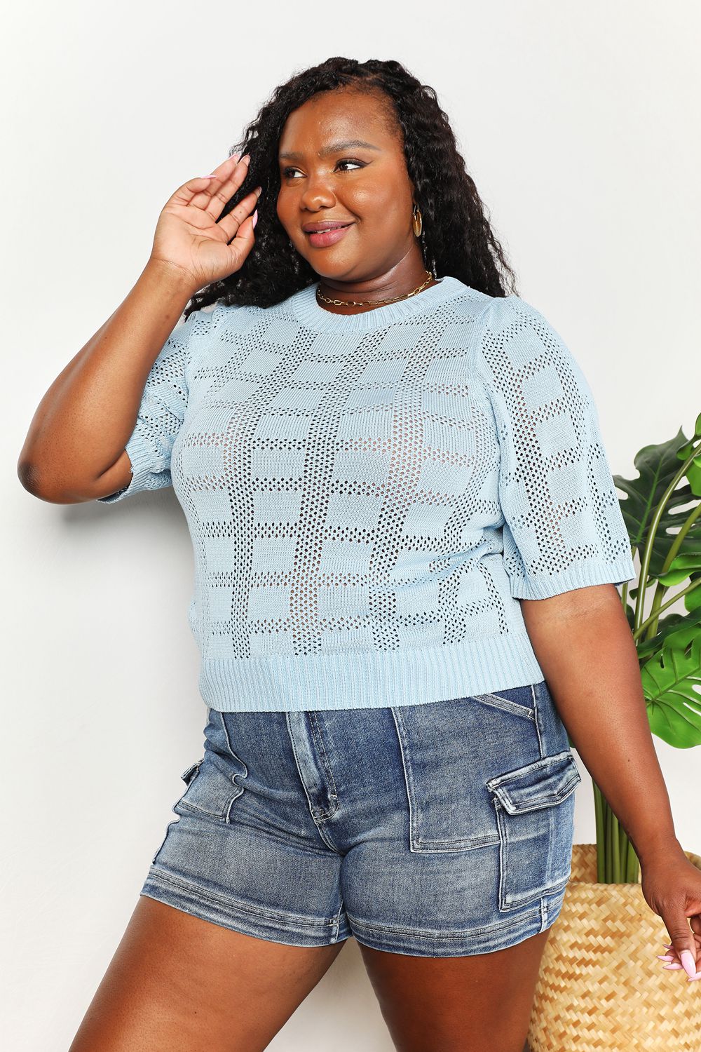 Double Take Ribbed Trim Round Neck Knit Top BLUE ZONE PLANET