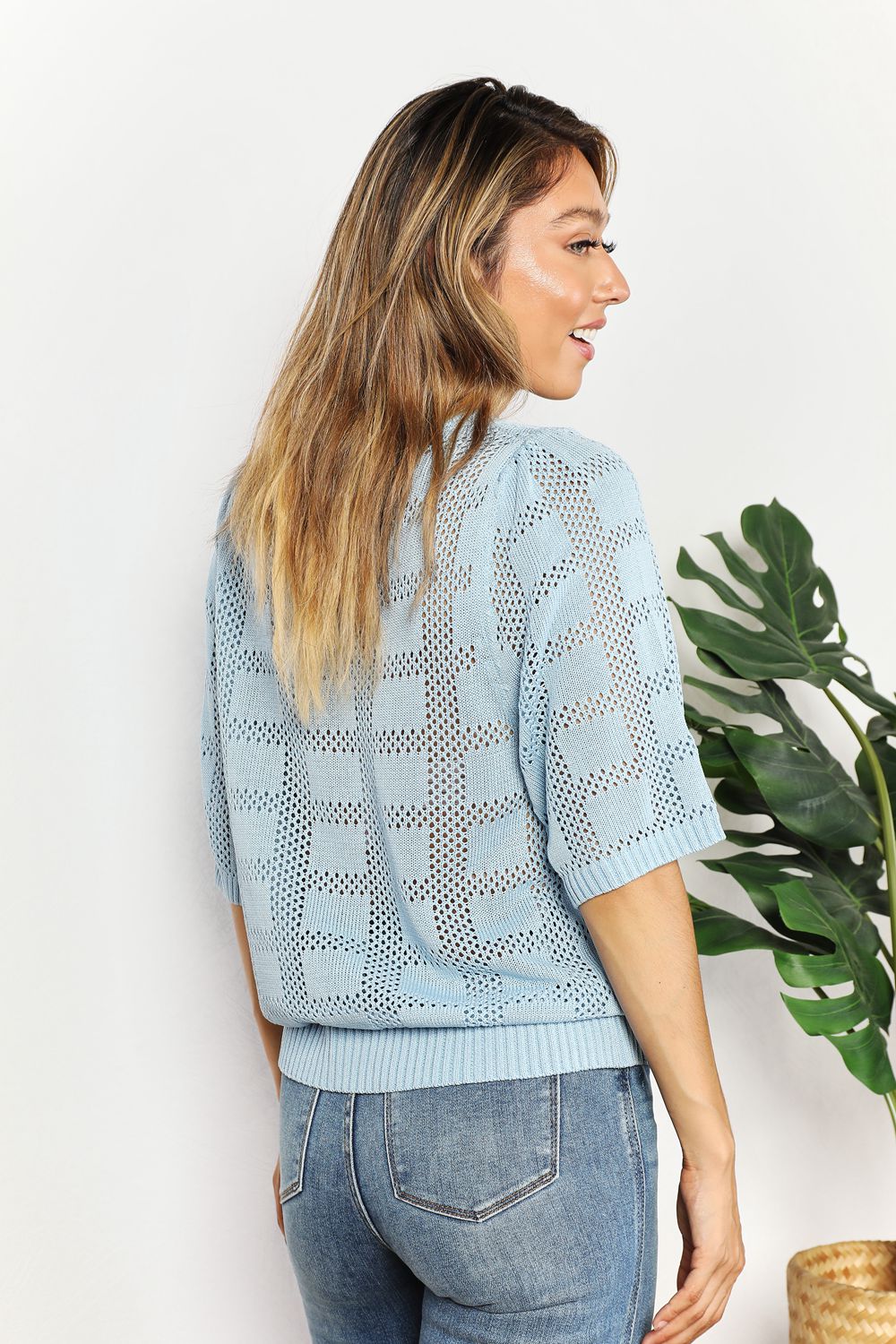 Double Take Ribbed Trim Round Neck Knit Top BLUE ZONE PLANET